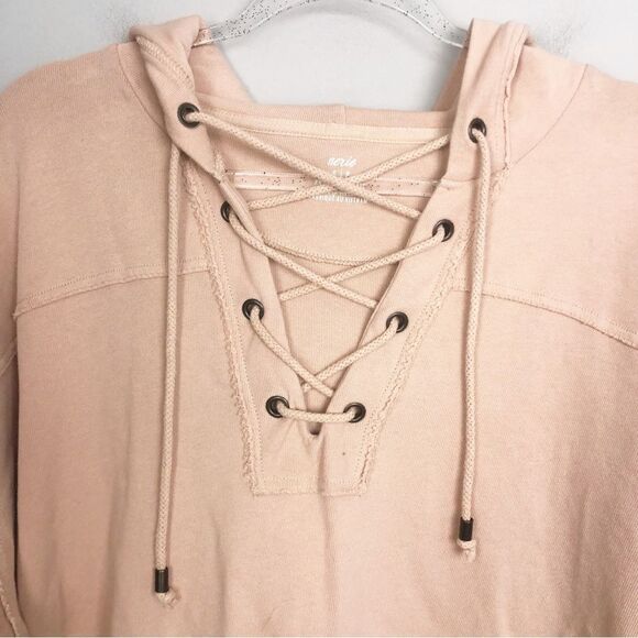AERIE | Lace Up Front Tan Hooded Sweatshirt Oversized Women’s Size Small - Picture 4 of 9